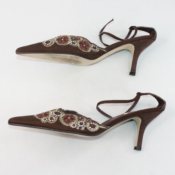 J Loren Collection 9.5M Brown Bronze Beaded Embellishment Pointed Toe Heels - Picture 6 of 10